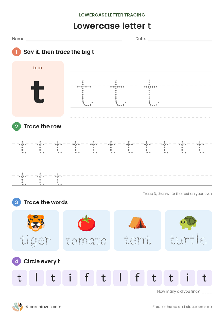 Lowercase letter t tracing worksheet: trace a big t, trace rows of t, trace the words tiger, tomato, tent, turtle, and circle every t