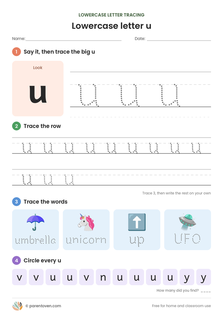 Lowercase letter u tracing worksheet: trace a big u, trace rows of u, trace the words umbrella, unicorn, up, UFO, and circle every u