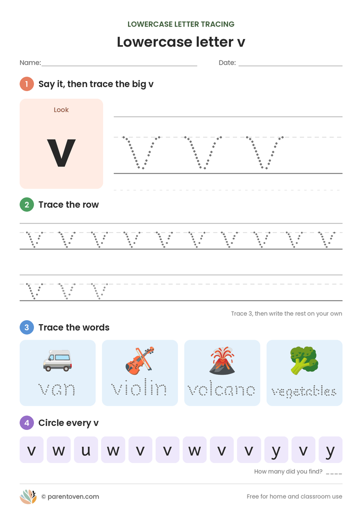 Lowercase letter v tracing worksheet: trace a big v, trace rows of v, trace the words van, violin, volcano, vegetables, and circle every v