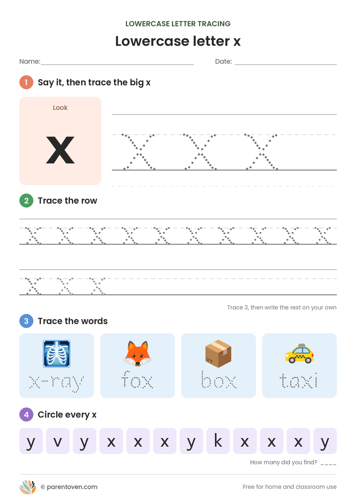 Lowercase letter x tracing worksheet: trace a big x, trace rows of x, trace the words x-ray, fox, box, taxi, and circle every x