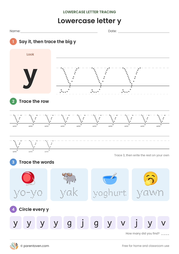 Lowercase letter y tracing worksheet: trace a big y, trace rows of y, trace the words yo-yo, yak, yoghurt, yawn, and circle every y