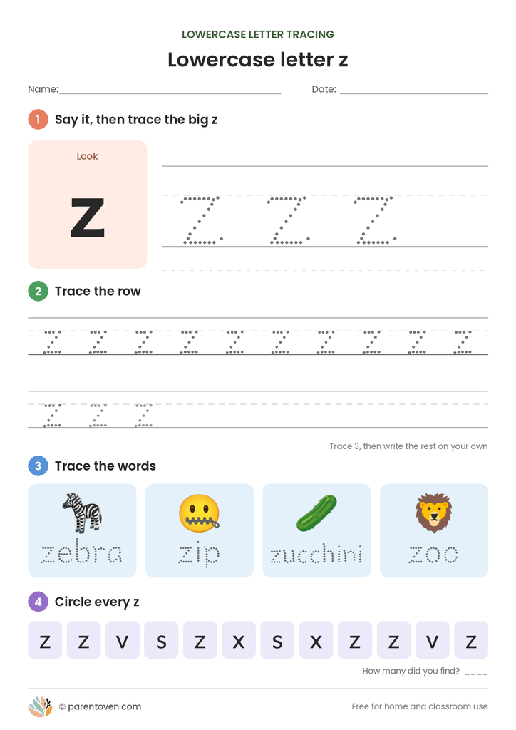 Lowercase letter z tracing worksheet: trace a big z, trace rows of z, trace the words zebra, zip, zucchini, zoo, and circle every z