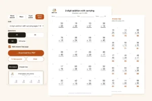 Math worksheet generator: 2-digit addition with carrying on A4 with the answer key and the phone controls