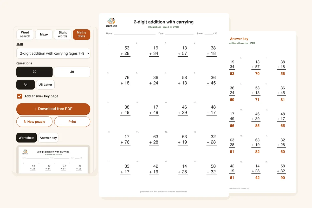 Math worksheet generator: 2-digit addition with carrying on A4 with the answer key and the phone controls