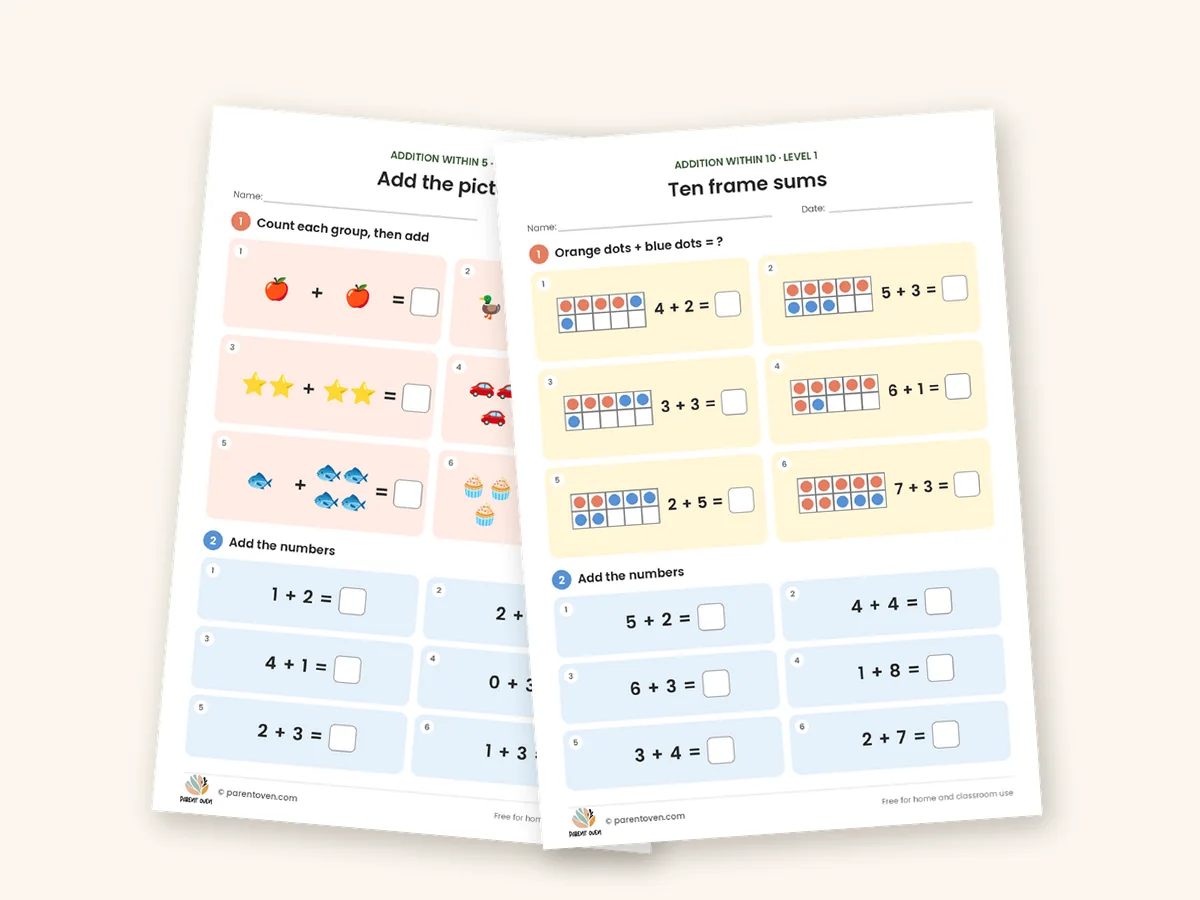 Addition and subtraction worksheet bundle: sample pages