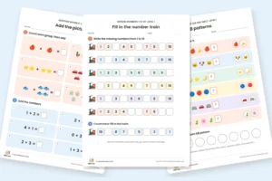 Free maths worksheets for kids: picture addition, a missing numbers train and AB patterns