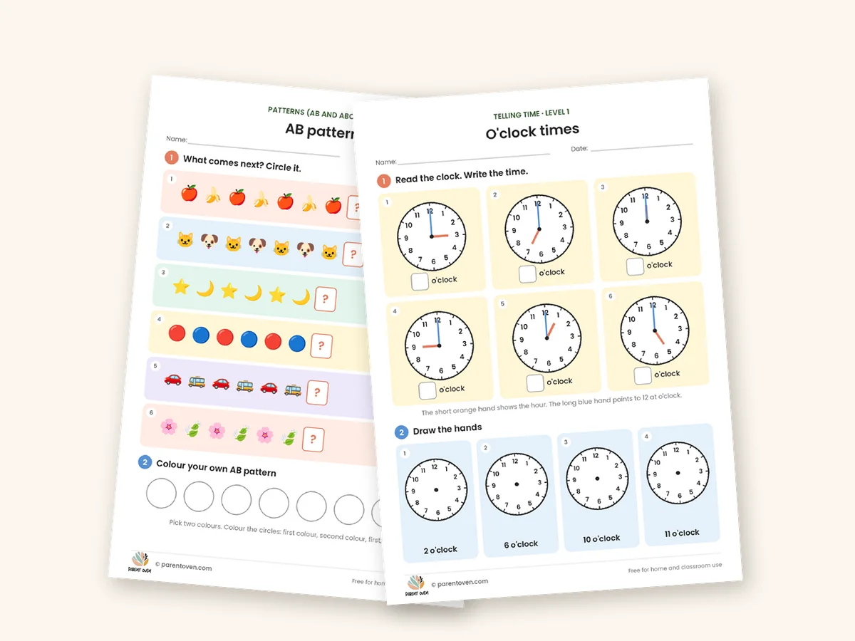 Patterns, time and money worksheet bundle: sample pages