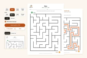 Maze generator: a medium printable maze on A4 with START and FINISH, its solution page and the phone controls