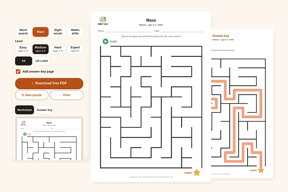 Maze generator: a medium printable maze on A4 with START and FINISH, its solution page and the phone controls