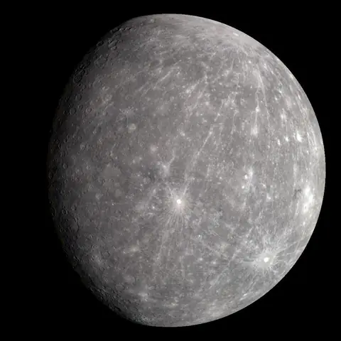 Grey, rocky planet Mercury covered in craters