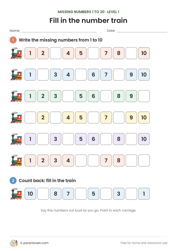Missing Numbers 1 to 20 worksheet level 1: six number trains from 1 to 10 with three or four gaps each, and one count-back train from 10 to 1