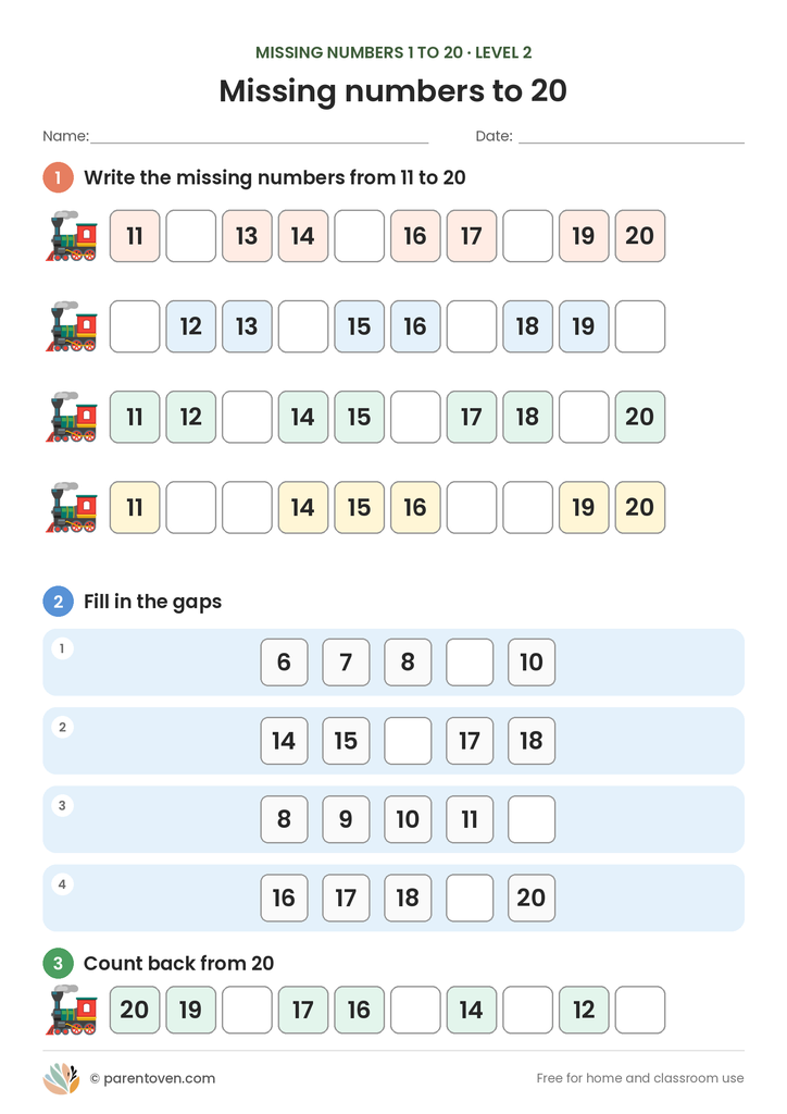 Missing Numbers 1 to 20 worksheet level 2: four trains from 11 to 20, four short gap-filling sequences, and a count-back train from 20 to 11