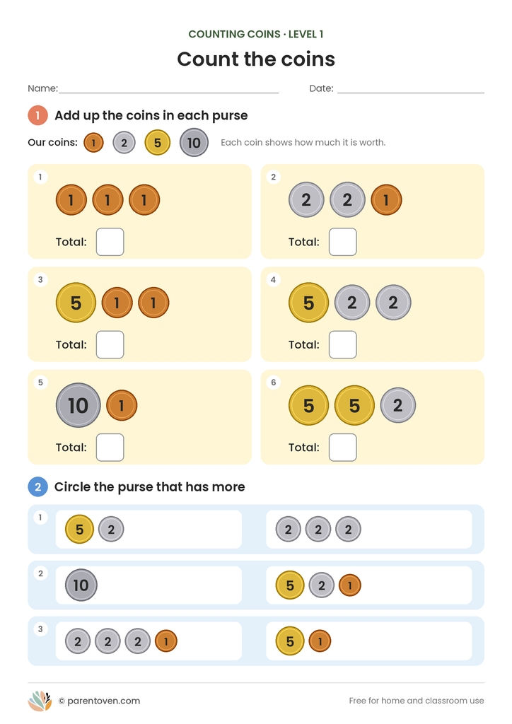 Money: Counting Coins worksheet level 1: six purses of coins to add up, such as 5 + 2 + 2, plus three pairs of purses where children circle the one with more money