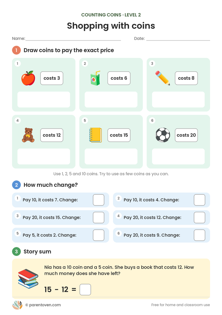 Money: Counting Coins worksheet level 2: six price tags where children draw coins to pay the exact amount, six “how much change?” questions within 20, and a shopping story problem