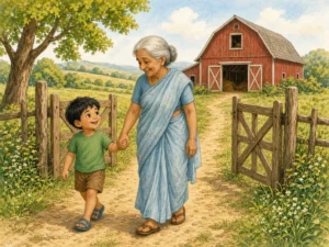 Moo, Baa, Who Says Hello?: rohan holding Dadi’s hand, walking along a sunny farm path towards an open wooden gate and a red barn