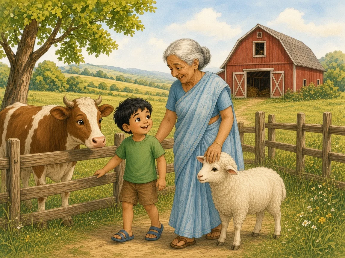 Moo, Baa, Who Says Hello?: rohan and Dadi at a wooden fence greeting a gentle cow and a fluffy white sheep