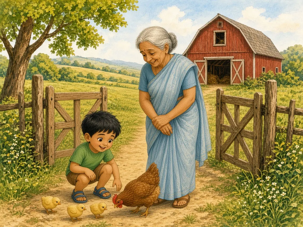 Moo, Baa, Who Says Hello?: rohan crouching to watch a brown hen with three fluffy yellow chicks, Dadi smiling behind him