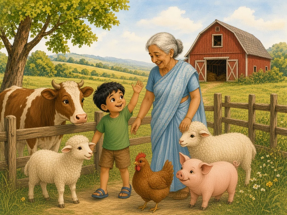 Moo, Baa, Who Says Hello?: rohan waving happily at a cow, a sheep, a hen and a muddy pink pig gathered together, Dadi laughing