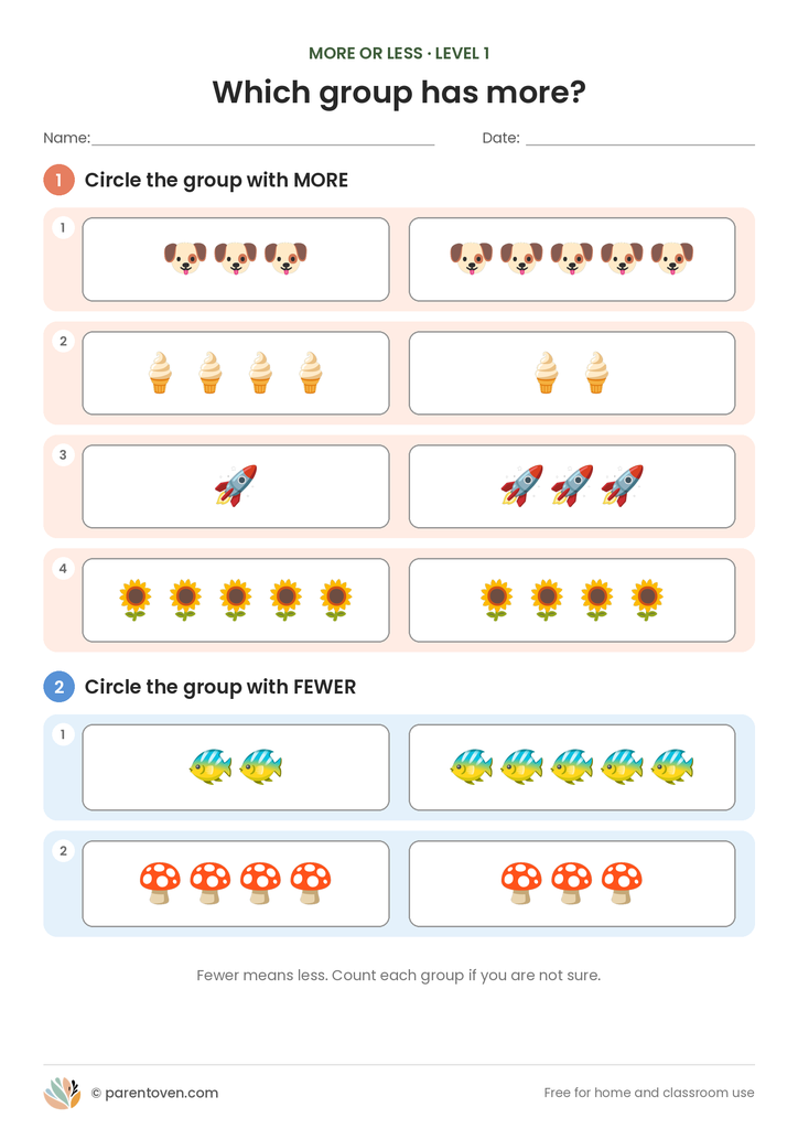 More or Less worksheet level 1: four “circle the group with more” rows and two “circle the group with fewer” rows, using dogs, ice creams, rockets, flowers, fish and mushrooms