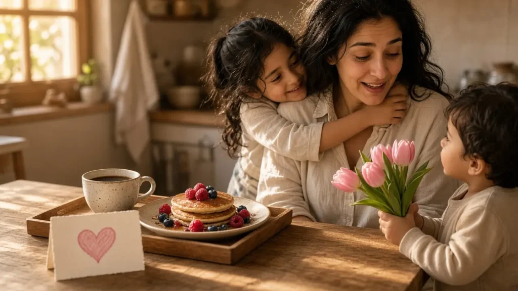 Mother being hugged by her daughter as her toddler son gives her pink tulips on Mother's Day, with pancakes and a handmade heart card