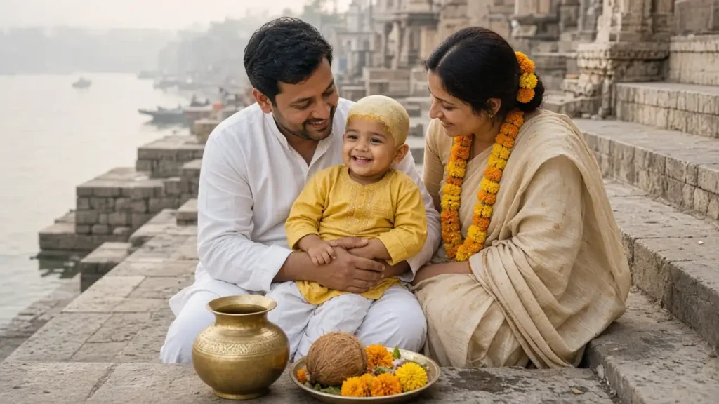 Smiling Indian toddler with a freshly shaved head and sandalwood paste on his father's lap at a riverside ghat after his Mundan ceremony