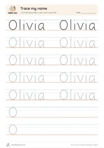 Name tracing worksheet for Olivia with dotted single-stroke letters