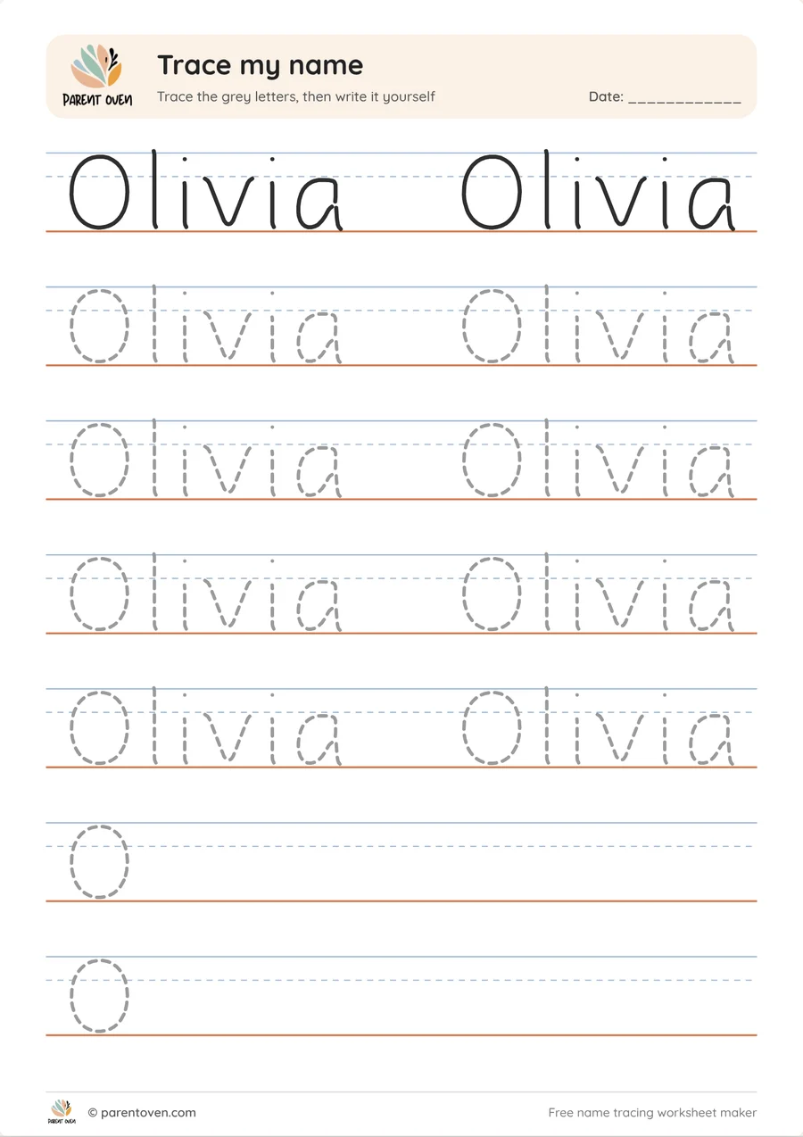 Name tracing worksheet for Olivia with dotted single-stroke letters