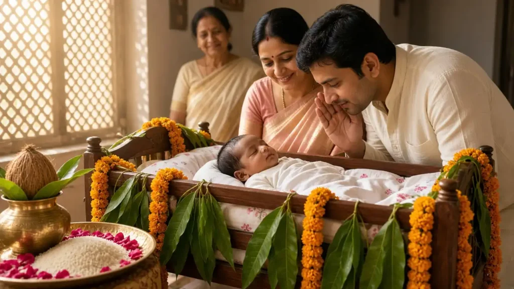 Indian father whispering the name into his newborn baby's ear at a Namkaran ceremony, baby in a marigold-decorated cradle with mother and grandmother