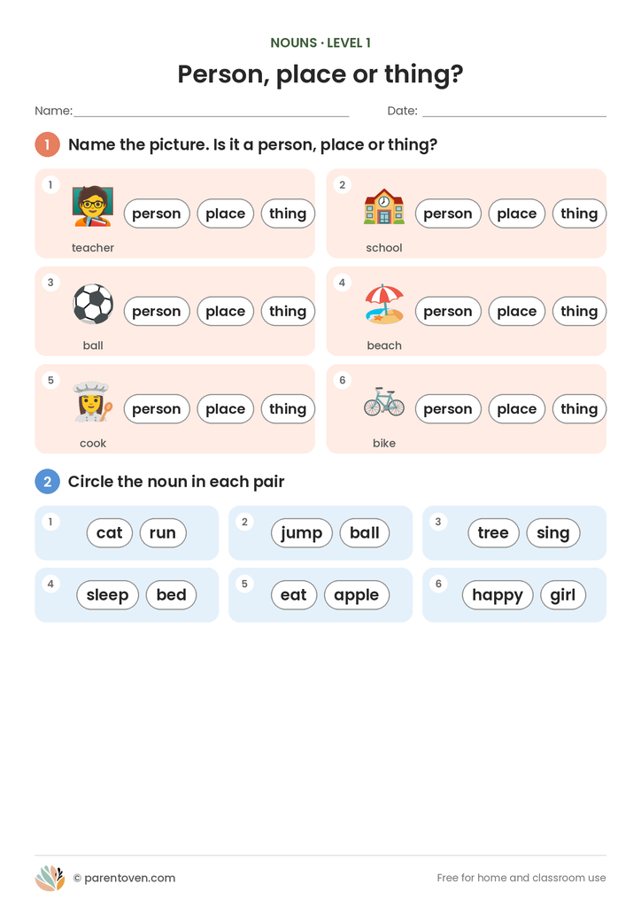 Nouns worksheet level 1: name six pictures and circle person, place or thing, then circle the noun in six word pairs such as cat or run