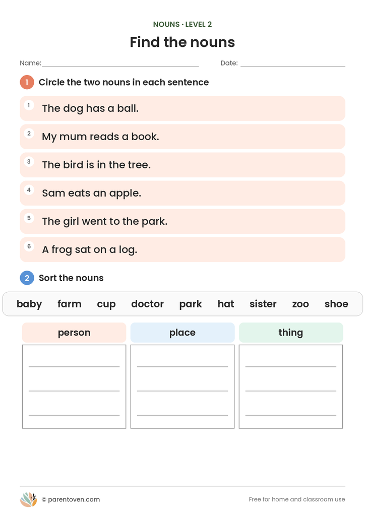 Nouns worksheet level 2: circle two nouns in each of six sentences, then sort nine nouns into person, place and thing