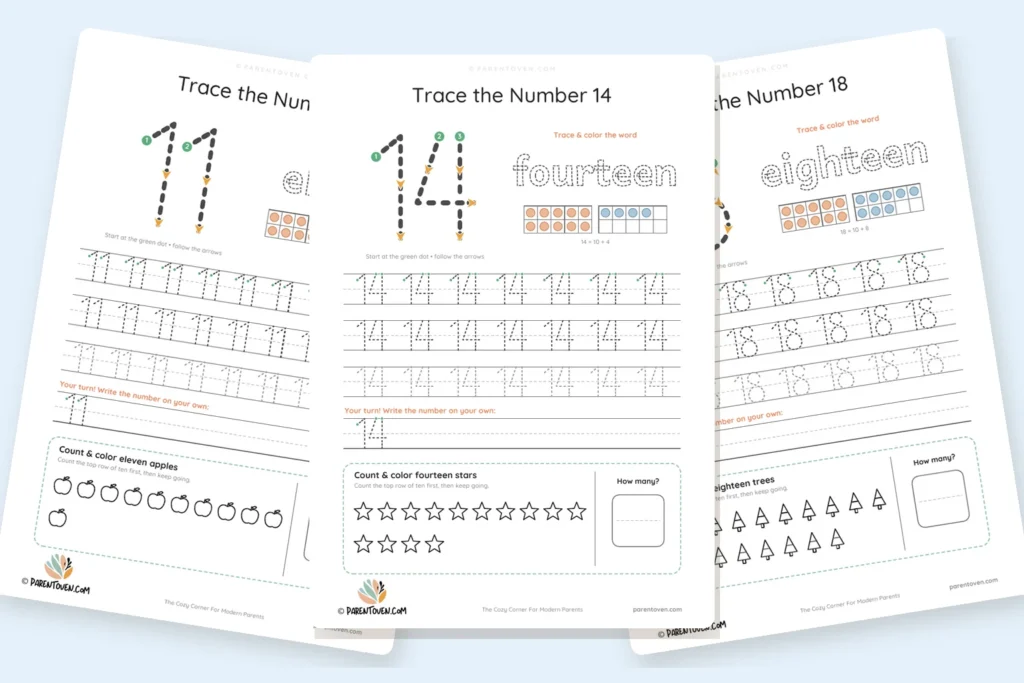 Free number tracing worksheets for 11, 14 and 18 with dashed numbers, number words, ten frames and pictures to count