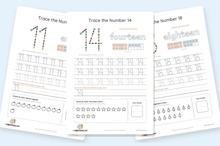 Number tracing worksheets 11 to 20 with ten frames