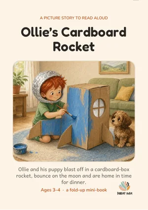 Cover of the Ollie’s Cardboard Rocket printable foldable mini-book