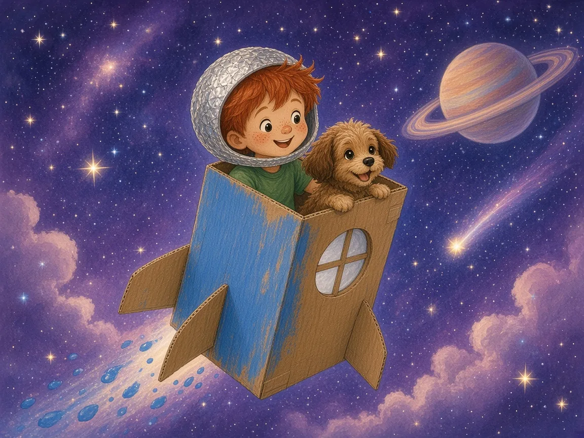 Ollie’s Cardboard Rocket: the blue cardboard-box rocket flying through a starry purple night sky with Ollie and Biscuit peeking out, a ringed planet nearby