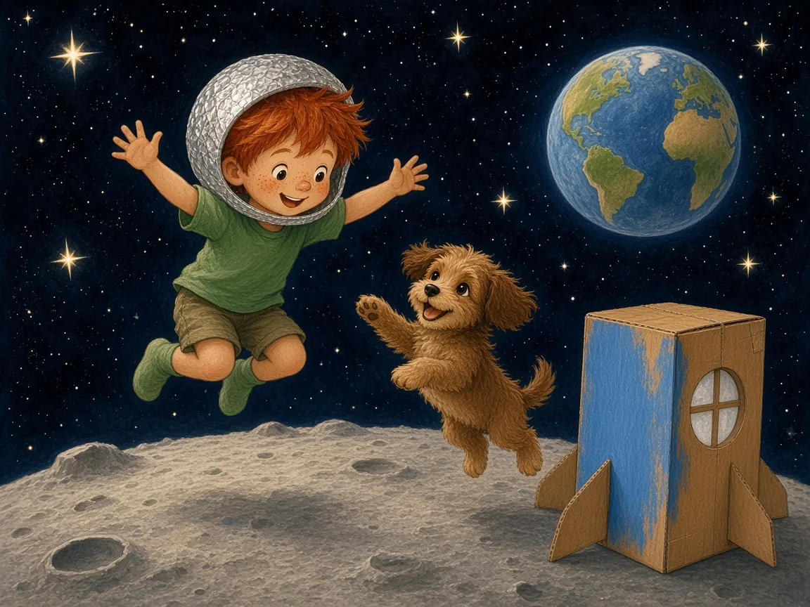 Ollie’s Cardboard Rocket: ollie and Biscuit bouncing happily on the grey surface of the moon, the blue Earth in the black sky