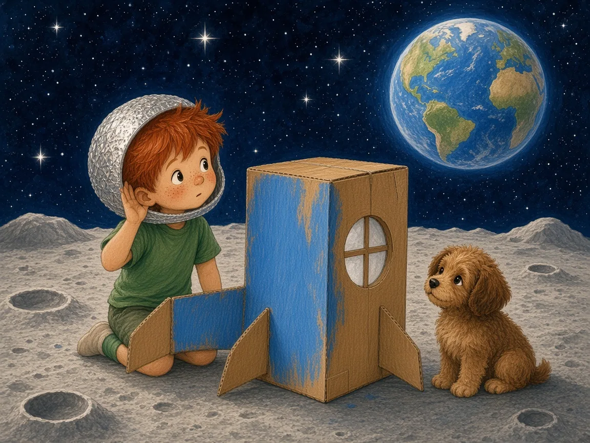 Ollie’s Cardboard Rocket: ollie on the moon cupping a hand to his ear, listening, looking towards the Earth, Biscuit beside him
