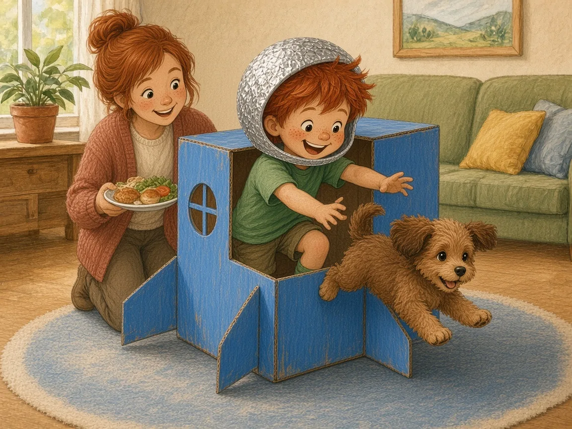 Ollie’s Cardboard Rocket: ollie climbing out of the cardboard box on the living room rug, his mum with red hair in a bun smiling and holding a plate of dinner