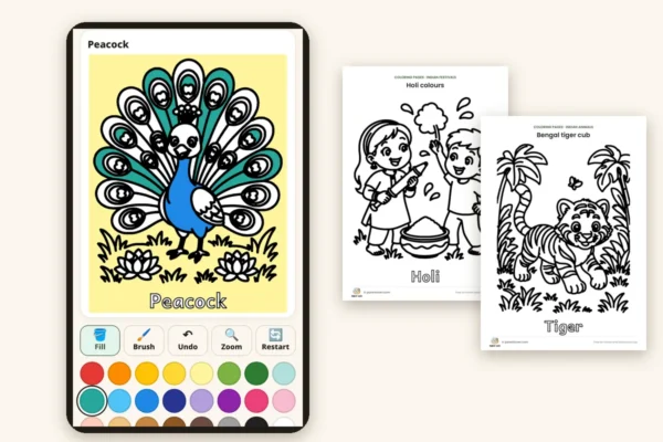 Tap to colour online: a peacock coloring page being coloured on a phone with the colour palette below