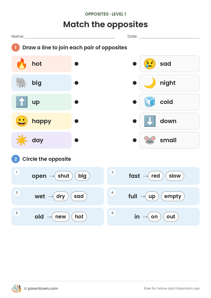Opposites worksheet level 1: join five pairs of picture opposites (hot and cold, big and small, up and down, happy and sad, day and night), then circle the opposite of six words