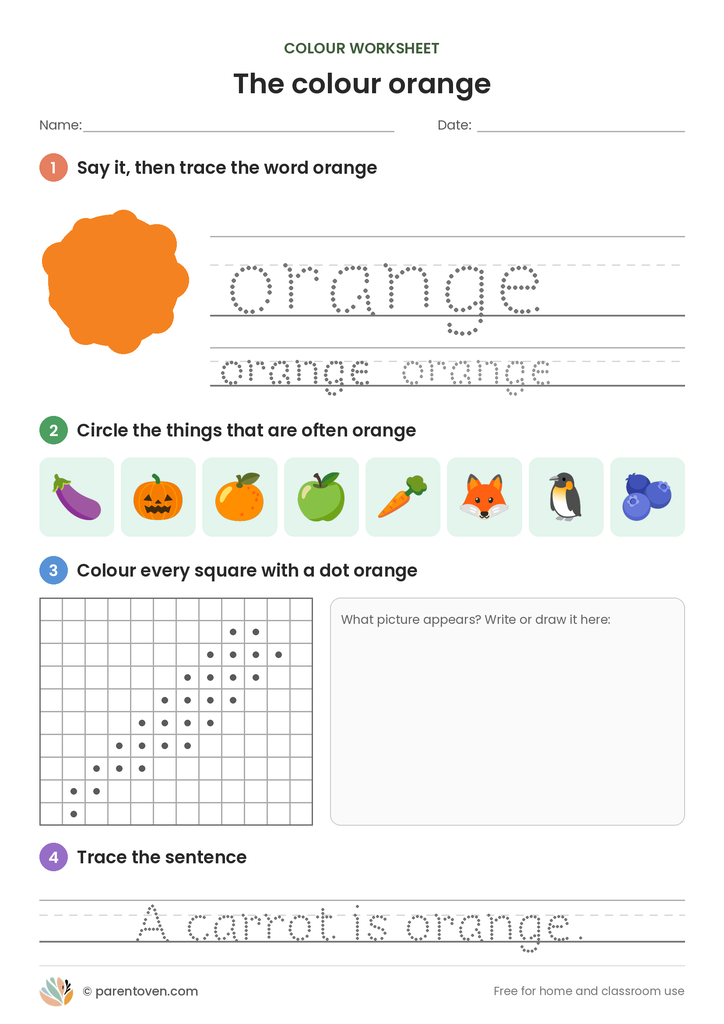 Colour orange worksheet: trace the word orange, circle the orange things, colour the dotted squares to find a hidden carrot and trace “A carrot is orange.”