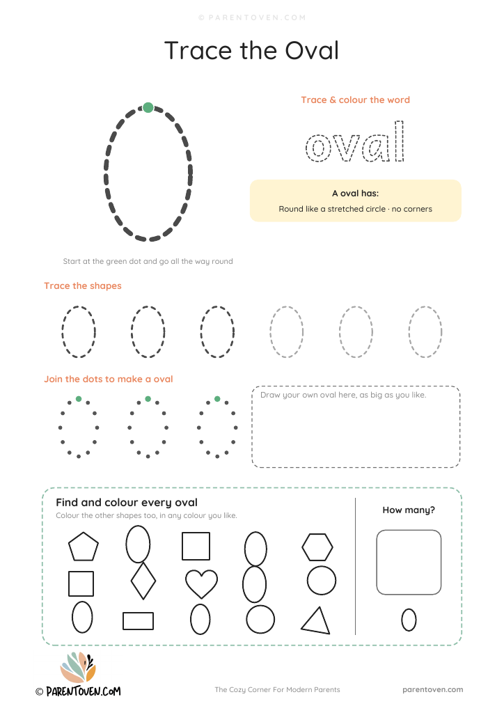 Oval shape worksheet: trace a big oval and the word oval, trace a row of shapes, join the dots, draw your own and find every oval