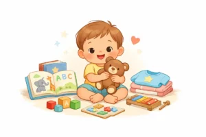 Illustration of a happy toddler with a teddy bear surrounded by wooden blocks, a puzzle, a xylophone and picture books