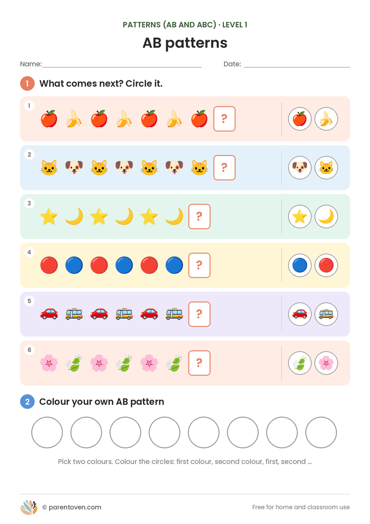 Patterns (AB and ABC) worksheet level 1: six AB pattern rows (apple, banana, apple, banana …) where children circle what comes next, plus a row of circles to colour their own AB pattern
