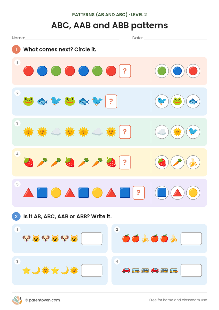 Patterns (AB and ABC) worksheet level 2: five harder rows with ABC, AAB and ABB patterns, and four rows where children write the name of the pattern