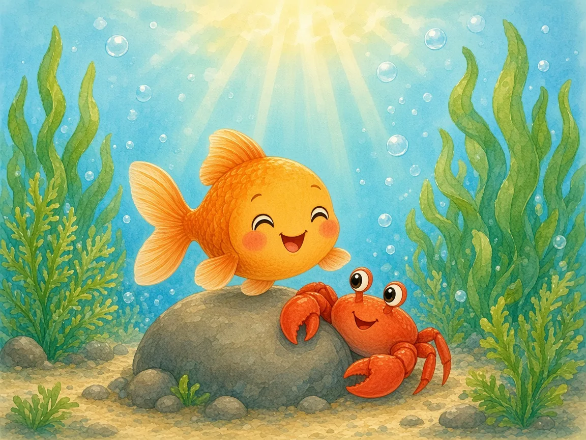 Peekaboo, Little Fish: a friendly red crab peeking out from behind a rock while Little Fish laughs