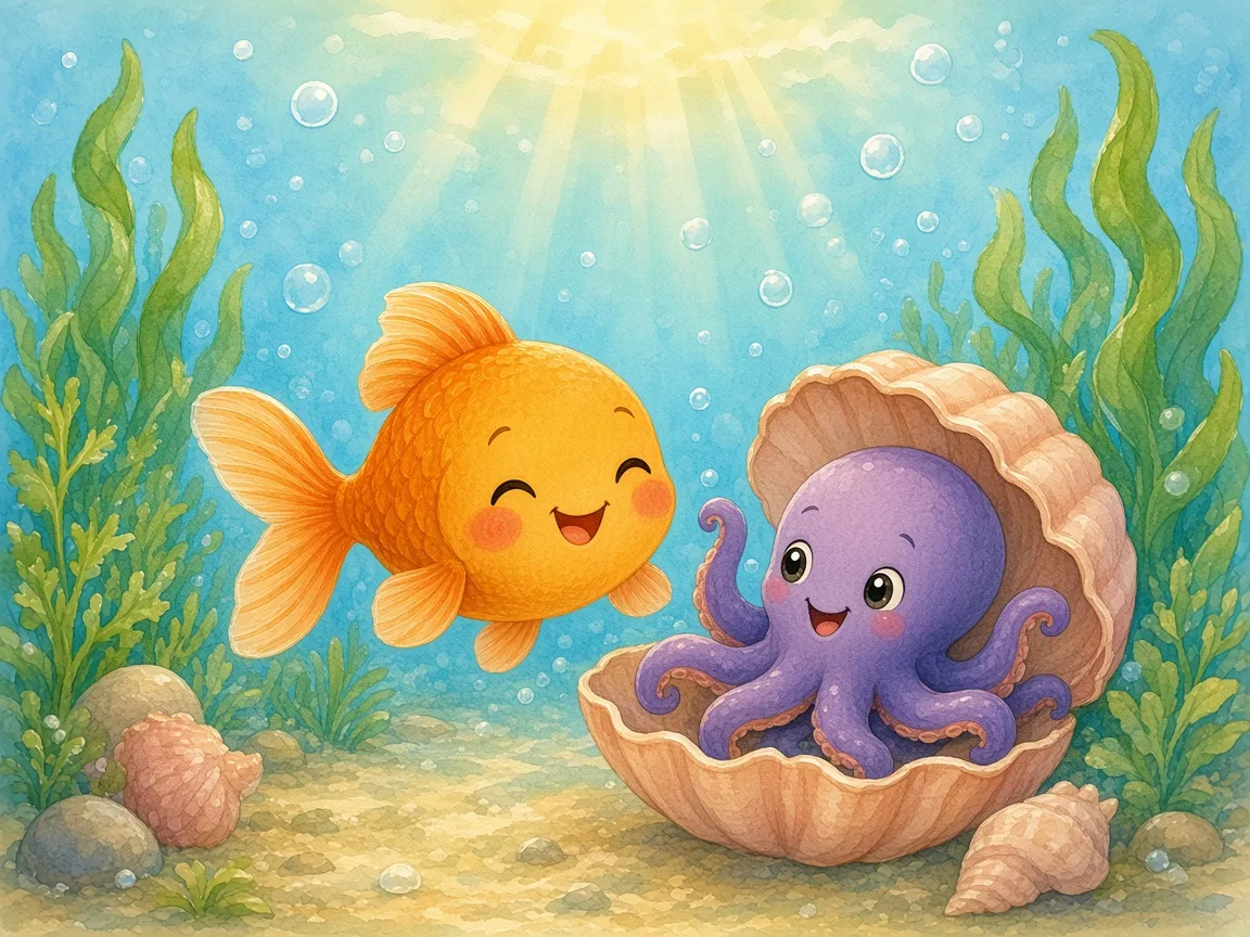 Peekaboo, Little Fish: a friendly purple octopus peeking out of a big pink shell and waving, Little Fish giggling