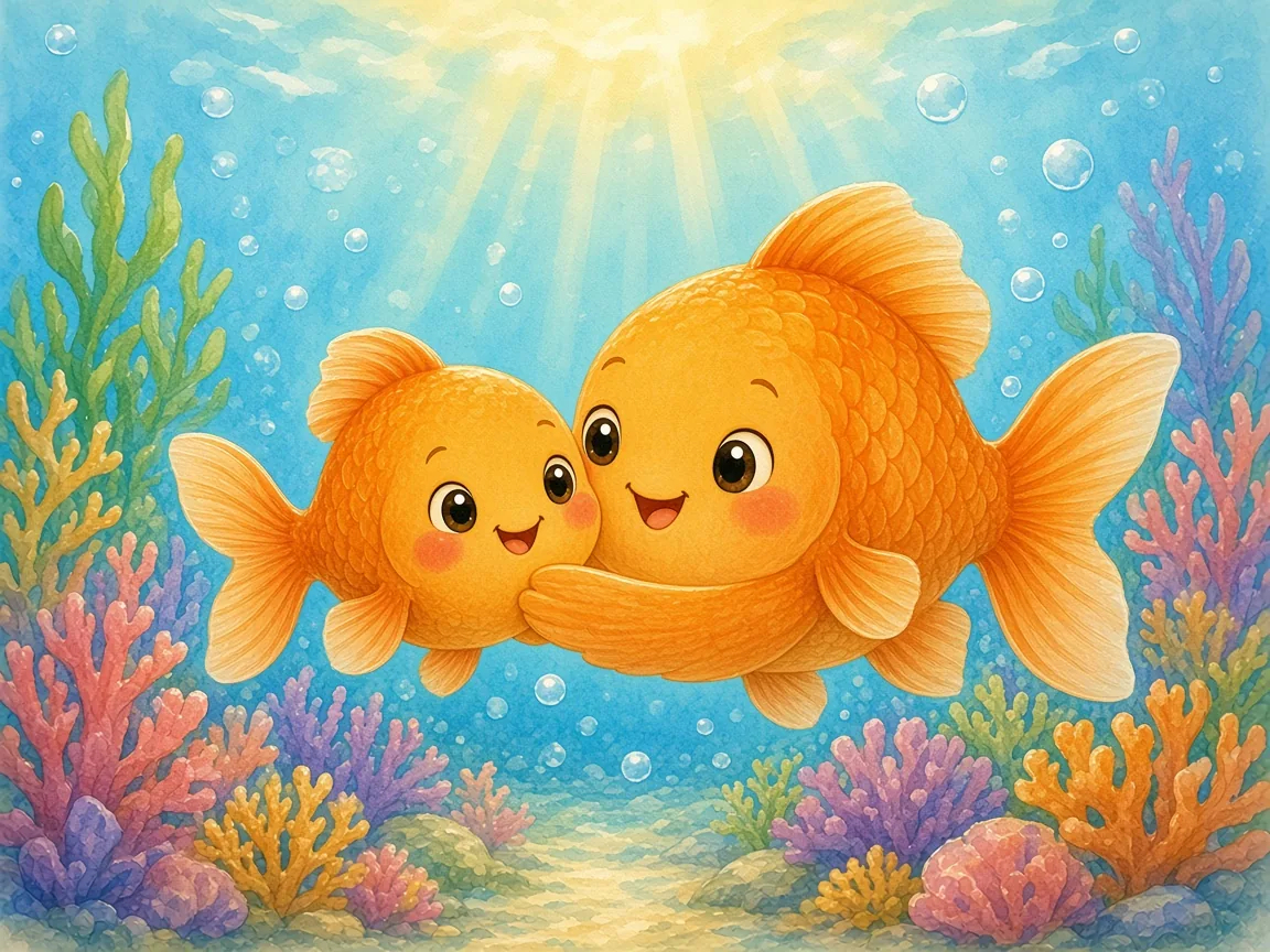 Peekaboo, Little Fish: mama Fish cuddling Little Fish beside colourful coral, bubbles floating up
