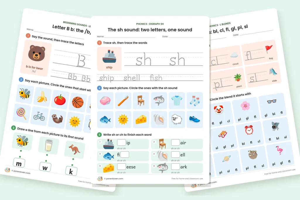 Free phonics worksheets: the letter b sound, the sh digraph and l-blends