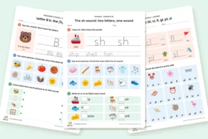 Free phonics worksheets: the letter b sound, the sh digraph and l-blends