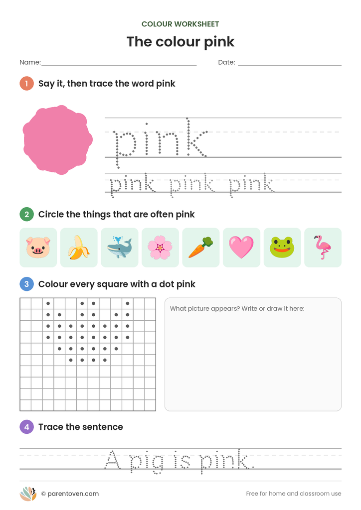 Colour pink worksheet: trace the word pink, circle the pink things, colour the dotted squares to find a hidden tulip and trace “A pig is pink.”